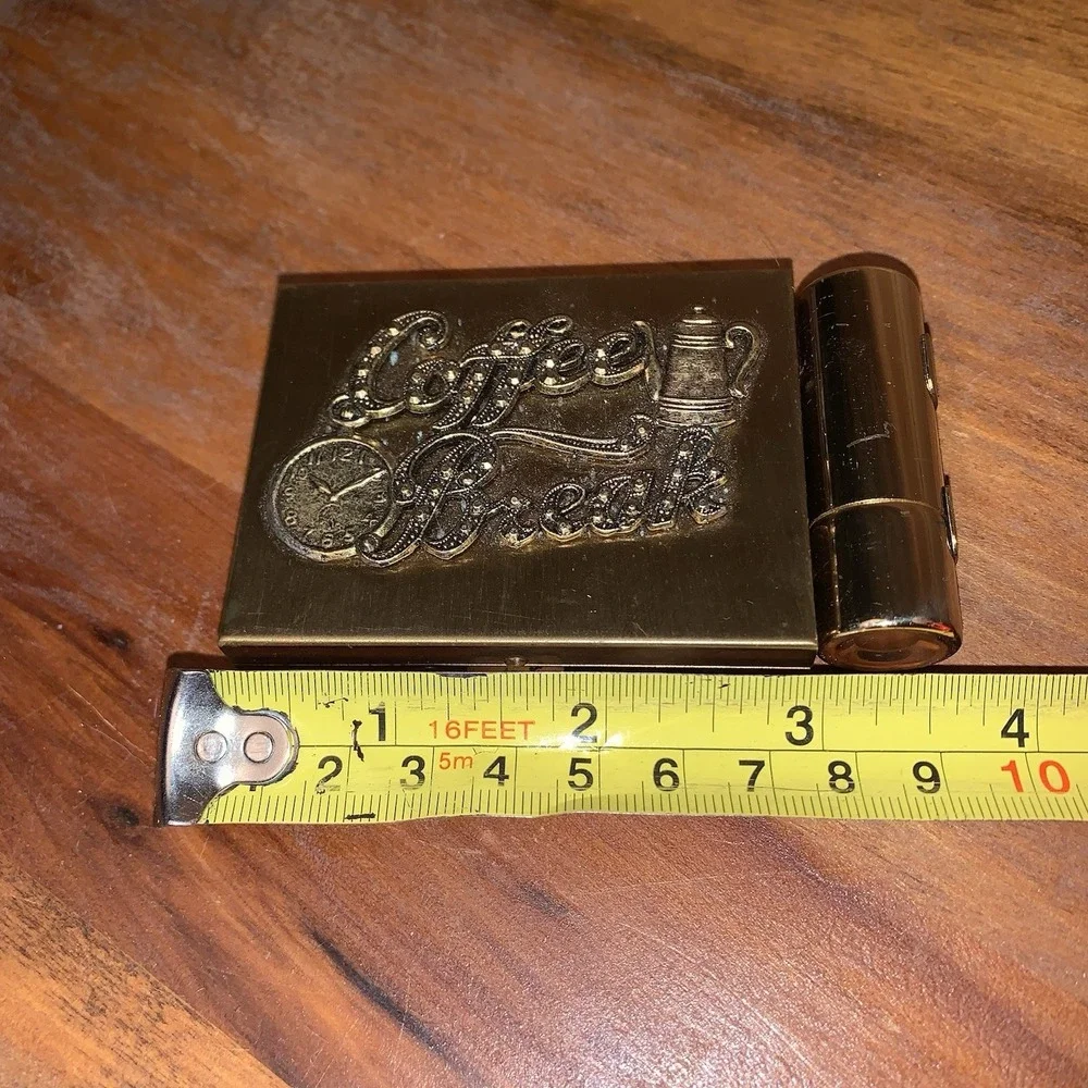 VTG Brass Coffee Break Coin Compact & Lipstick Holder 1950s Petty Cash Insert